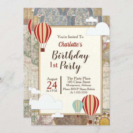 Heißluftballon & Weltkarte Vintages Abenteuer Einladung (Vorne/Hinten)