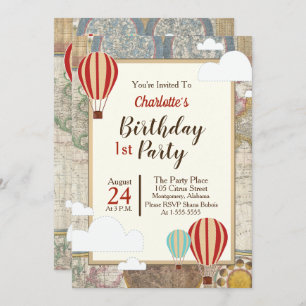 Heißluftballon & Weltkarte Vintages Abenteuer Einladung
