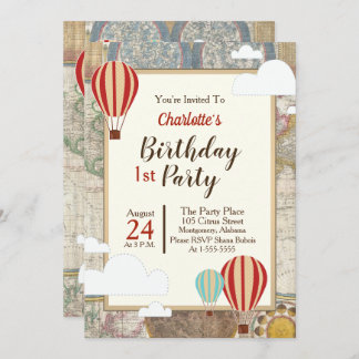 Heißluftballon & Weltkarte Vintages Abenteuer Einladung