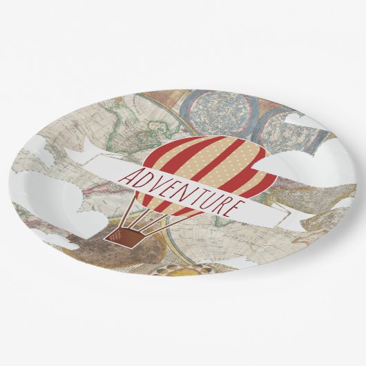 Heißluftballon & Weltkarte Vintages Abenteuer Pappteller (Schrägansicht)