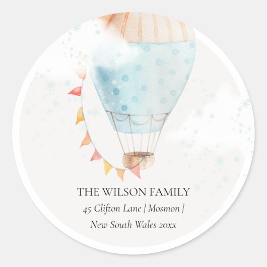 Heißluftballon Wolken Sterne Wir haben bewegte Adr Runder Aufkleber (Vorderseite)