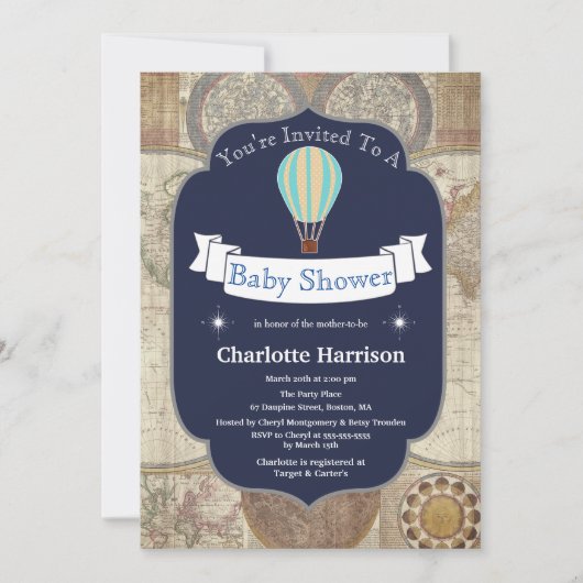 Heißluftballon & World Map Kinderdusche Einladung (Vorderseite)