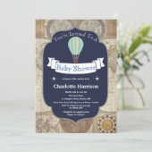 Heißluftballon & World Map Kinderdusche Einladung (Stehend Vorderseite)