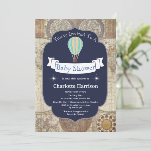 Heißluftballon & World Map Kinderdusche Einladung (Stehend Vorderseite)