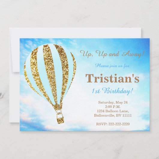 Heißluftballoneinladung im Blau und im Gold Einladung (Vorderseite)