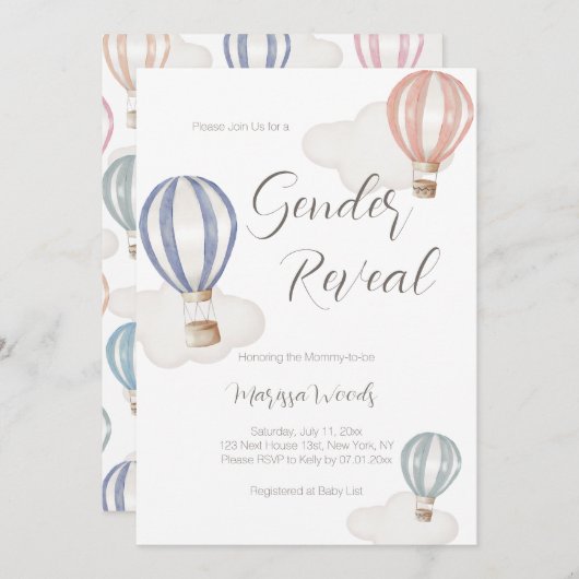 Heißluftballons Geschlecht offenbaren Pastellfarbe Einladung (Vorne/Hinten)