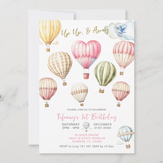 Heißluftballons Girl 1. Geburtstag Einladung (Vorderseite)