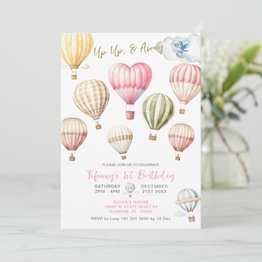 Heißluftballons Girl 1. Geburtstag Einladung (Stehend Vorderseite)