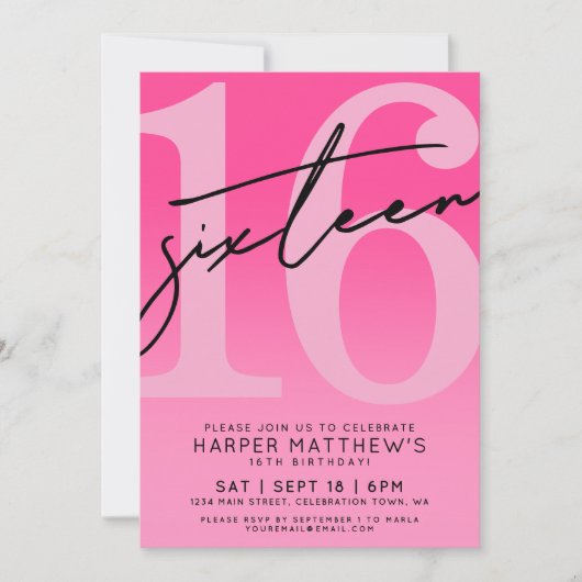 Heißrosa 16. Geburtstag Einladung (Vorderseite)