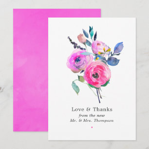 Heißrosa Aquarell-Blumenhochzeit Dankeskarte