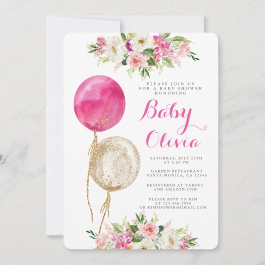 Heißrosa Ballons Babydusche Einladung (Vorderseite)