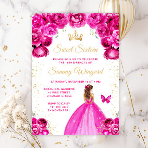 Heißrosa braunhaarige Prinzessin Sweet Sixteen Einladung