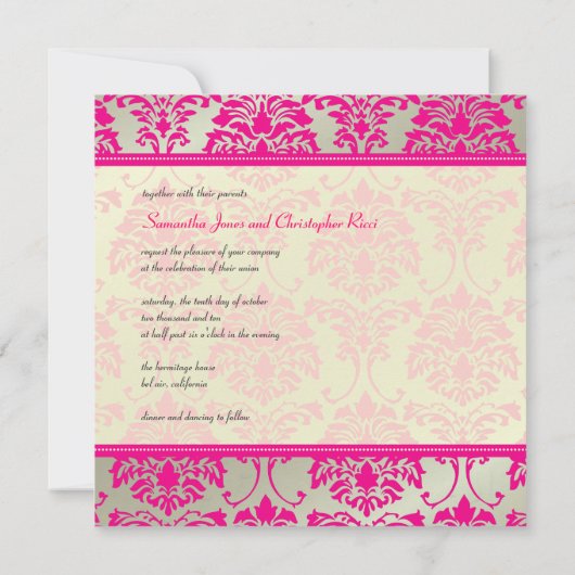 Heissrosa Damask/Imitat Silberhochzeit Einladung (Rückseite)