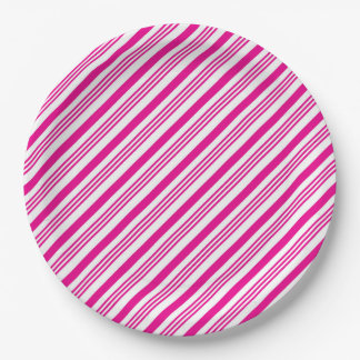 Heißrosa diagonale Candy-Streifen-Muster-Papierpla Pappteller