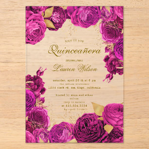 Heißrosa exklusive florale Quinceanera Acryleinladungen