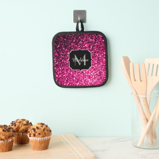 Heißrosa falscher Glitter-Sparkles-Monogramm Topflappen (Insitu (Hängend))