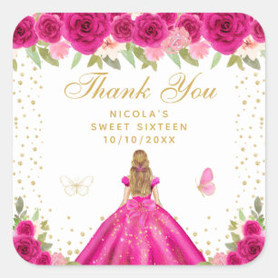Heißrosa Florale Blondhaar-Prinzessin Sweet Sixtee Quadratischer Aufkleber