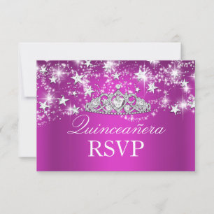 Heißrosa funkelnde Tiara & Sterne Quinceanera RSVP Karte