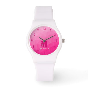 Heißrosa geometrisches Netz-Muster Monogramm Armbanduhr