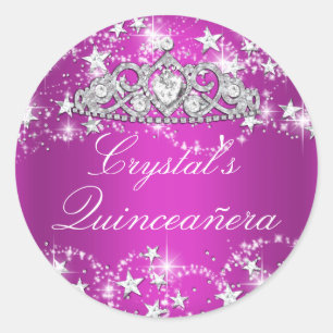 Heißrosa Glitzernde Tiara & Sterne Quinceanera Auf Runder Aufkleber