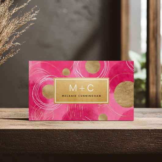 Heißrosa Goldene Abstrakte Monogramm Visitenkarten