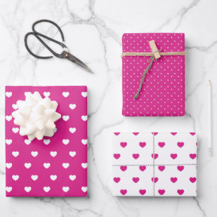 Heißrosa Herzen und Punkte Geschenkpapier Set