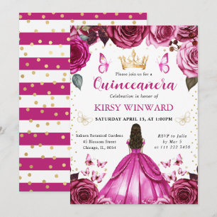Heißrosa Kleid Braunhaarige Prinzessin Quinceanera Einladung
