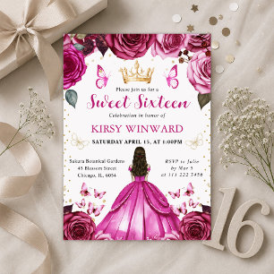 Heißrosa Kleid Brünette Prinzessin Sweet 16 Einladung