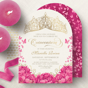 Heißrosa Kronenschmetterlinge Elegante Quinceanera Einladung