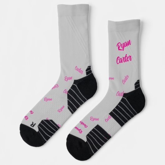 Heißrosa Küsse. Dein Name auf Grau Socken (Links)