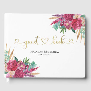 Heißrosa Magenta Blumen Elegant Gold Schrift Herze Gästebuch