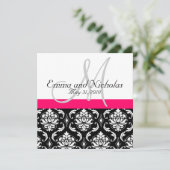 Heißrosa Monogramm Damask Hochzeitsempfang Einladung (Stehend Vorderseite)