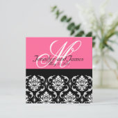 Heißrosa Monogramm Damask Hochzeitsempfang Einladung (Stehend Vorderseite)