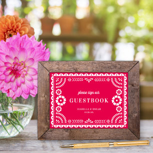 Heißrosa Papel Picado Hochzeitsgästebuch-Schild Poster