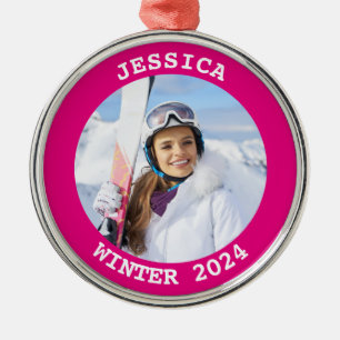 Heißrosa personalisierter runder Familienfoto Ornament Aus Metall