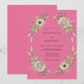 Heißrosa Pfingstrosen-Hochzeit Einladung (Vorne/Hinten)