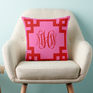 Heißrosa rote griechische Schlüsselranken-Monogram Kissen