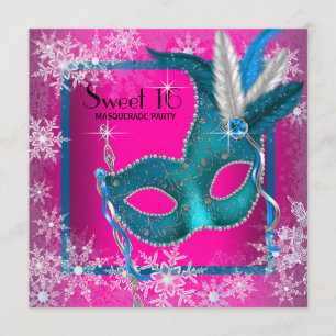 Heißrosa-Schneeflocken-Süße-16-Masquerade-Party Einladung