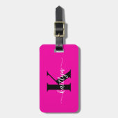 Heißrosa schwarzes Monogramm Gepäckanhänger (Vorderseite vertikal)