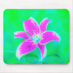 Heißrosa Stargazer-Lilie auf Türkis und Grün Mousepad