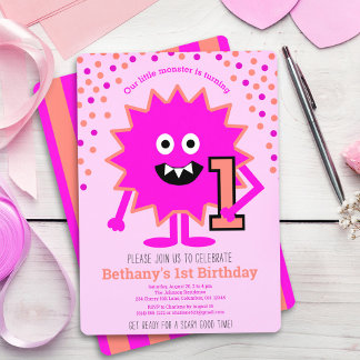 Heißrosa süßer kleiner Monster 1. Geburtstag indiv Einladung