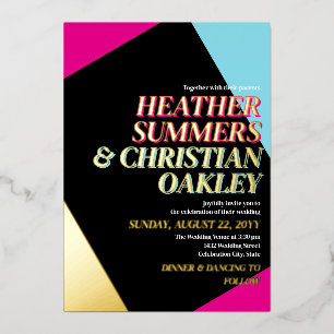 Heißrosa und Gold 80er Typografie Retro-Hochzeit Folieneinladung