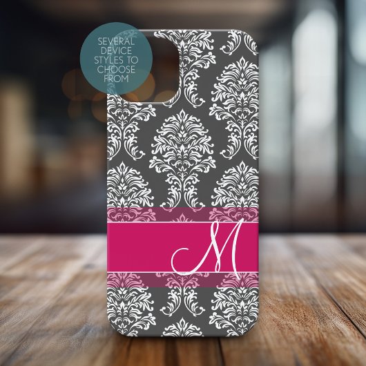 Heißrosa und Kohlegrau Damast-Muster mit Monogramm Case-Mate iPhone Hülle
