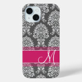 Heißrosa und Kohlegrau Damast-Muster mit Monogramm Case-Mate iPhone Hülle (Rückseite)