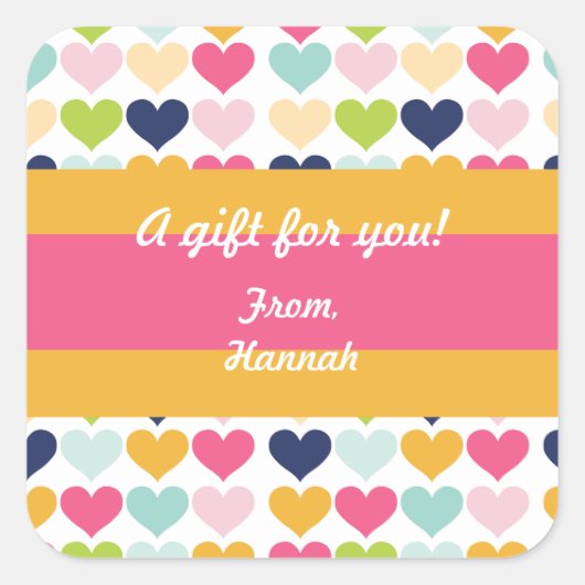 Heißrosa und orangefarbenes Herz - individuell auf Quadratischer Aufkleber (Vorderseite)