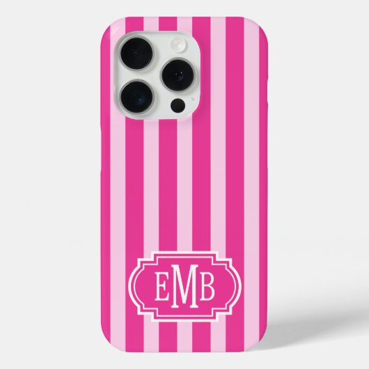 Heißrosa und Rosa monogrammierte Streifen Case-Mate iPhone Hülle (Rückseite)