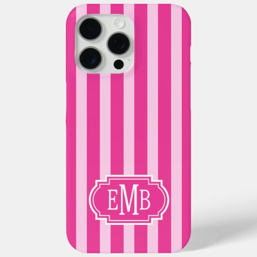 Heißrosa und Rosa monogrammierte Streifen Case-Mate iPhone Hülle (Rückseite)