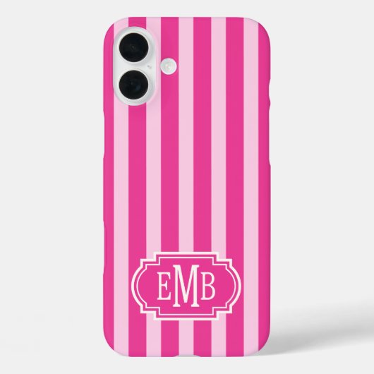 Heißrosa und Rosa monogrammierte Streifen Case-Mate iPhone Hülle (Rückseite)