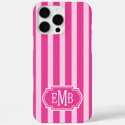 Heißrosa und Rosa monogrammierte Streifen Case-Mate iPhone Hülle (Rückseite)