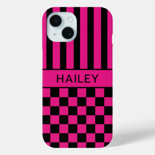 Heißrosa und Schwarz Karo gestreift Personalisiert Case-Mate iPhone Hülle